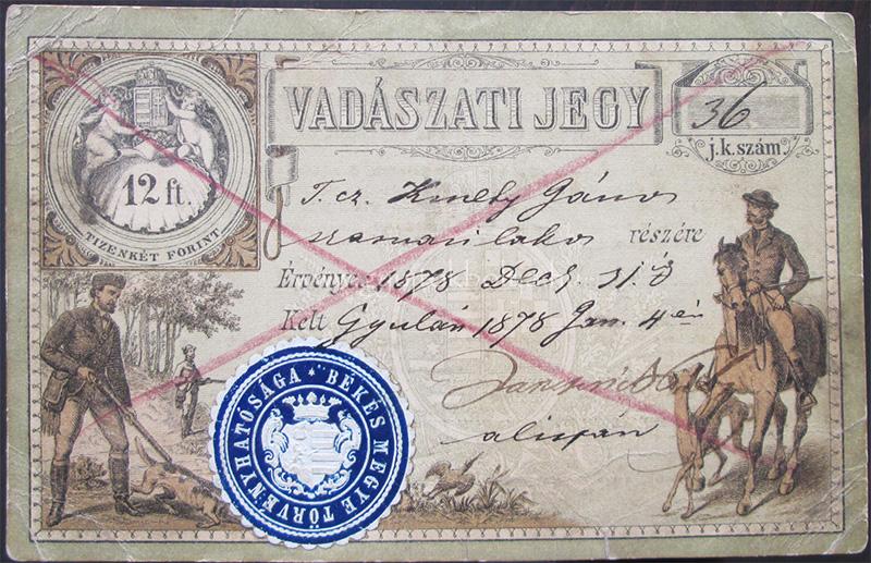 Vadszati jegy 12 forint rtkjeggyel 1878 Gyula